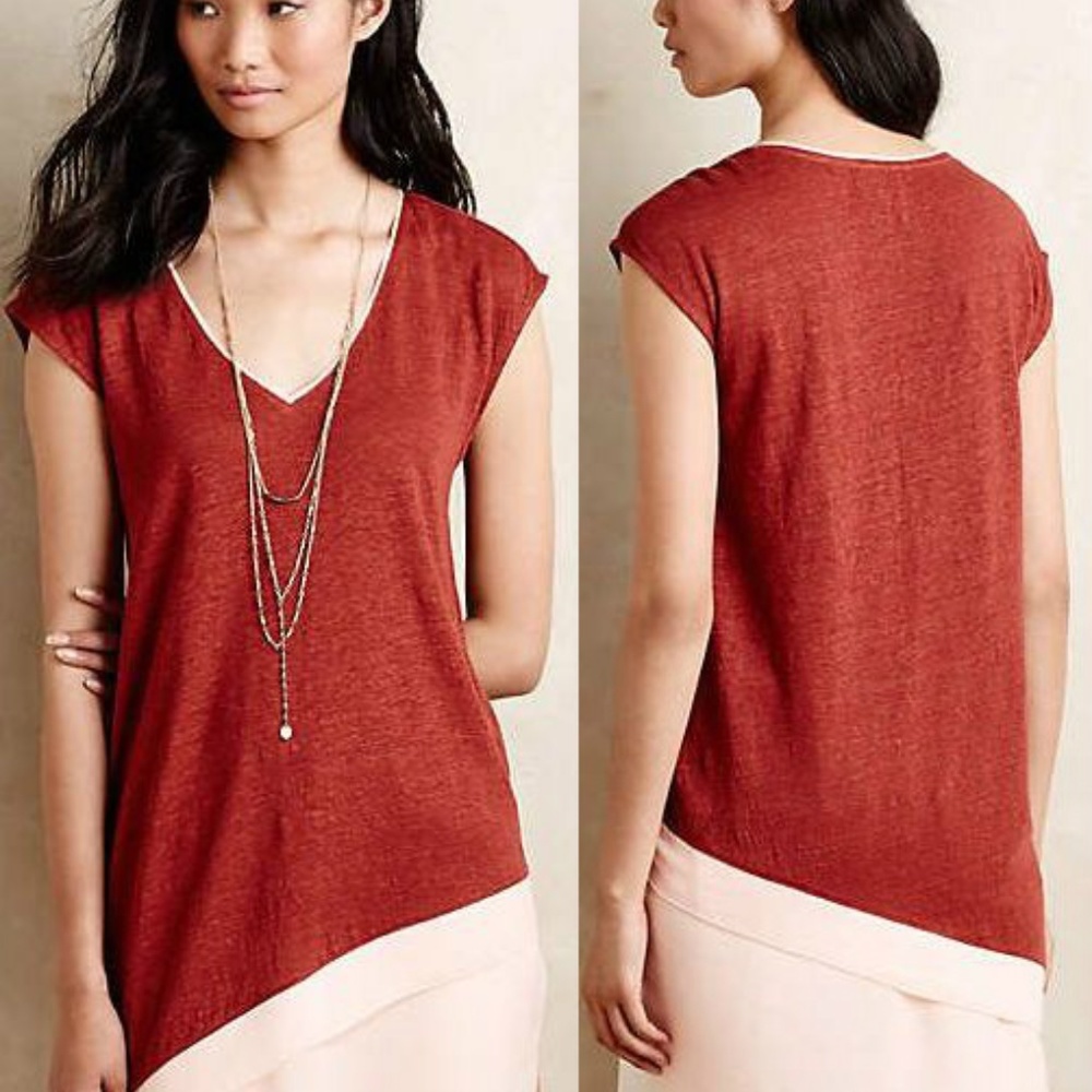 Anthropologie Chiffon Slope Tee Knit Tunic Top Dark Orange/Blush V-Neck